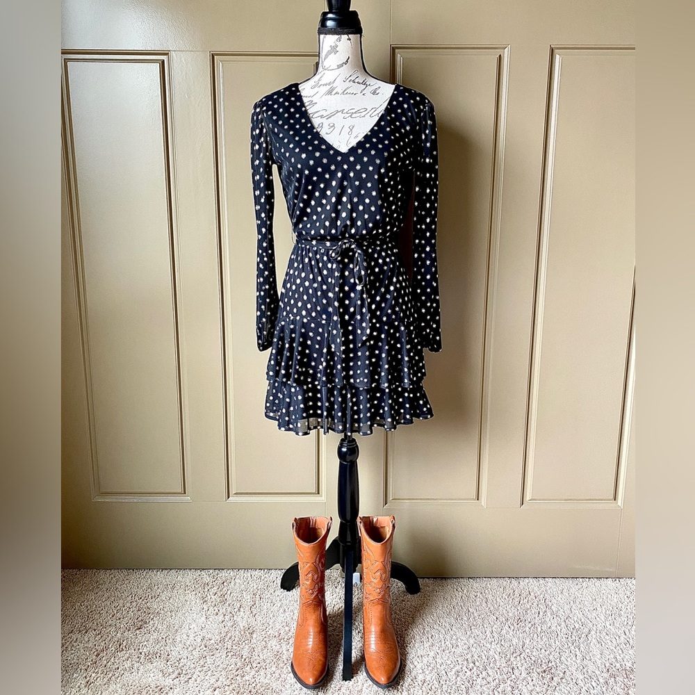 City Studio Black and Gold Foil Dot Tiered Dress